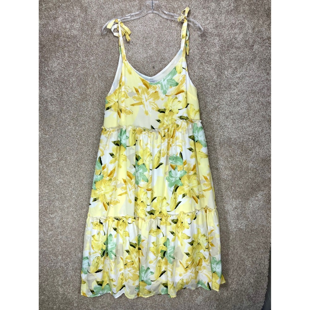 Hayden Floral Print Tiered Midi Dress Womens Sz L Yellow Green Boho Summer Flowy